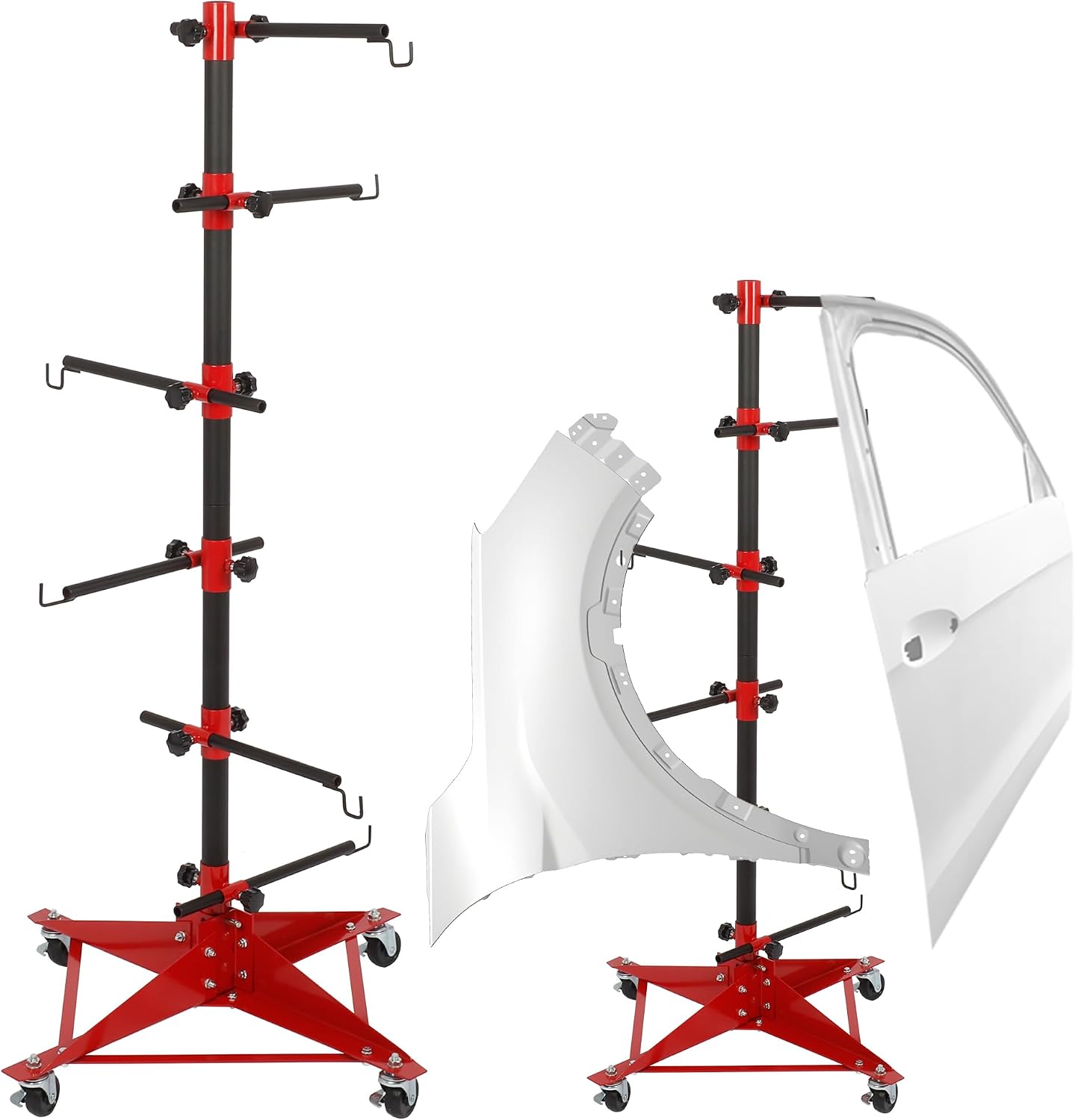Panel Tree Automotive Paint Stand with 6 Hook Levers, 47 Inch Panel Holder wtih Adjustable Center Post, Paint Rack for Hang Automotive Doors, Fenders, Bumpers