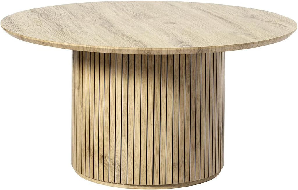 HULALA Home Round Coffee Table, Wood Coffee Table with Vertical Slat Base, Modern Coffee Table for Living Room and Lounge Room,Oak