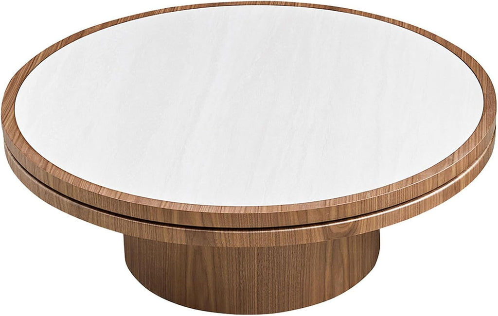 35.43' Farmhouse Round Coffee Table with Sintered Stone Tabletop, Sturdy Wood MDF Pedestal Coffee Tables for Living Room, Modern Circle Center Tea Table for Apartment, Office Bedroom Walnut