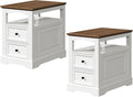 RALGEND Farmhouse End Table Set of 2, Narrow Sofa Side Table with 2 Drawers and Open Shelf, Wooden Nightstand with Storage for Small Spaces, Bedroom, Living Room, White and Walnut