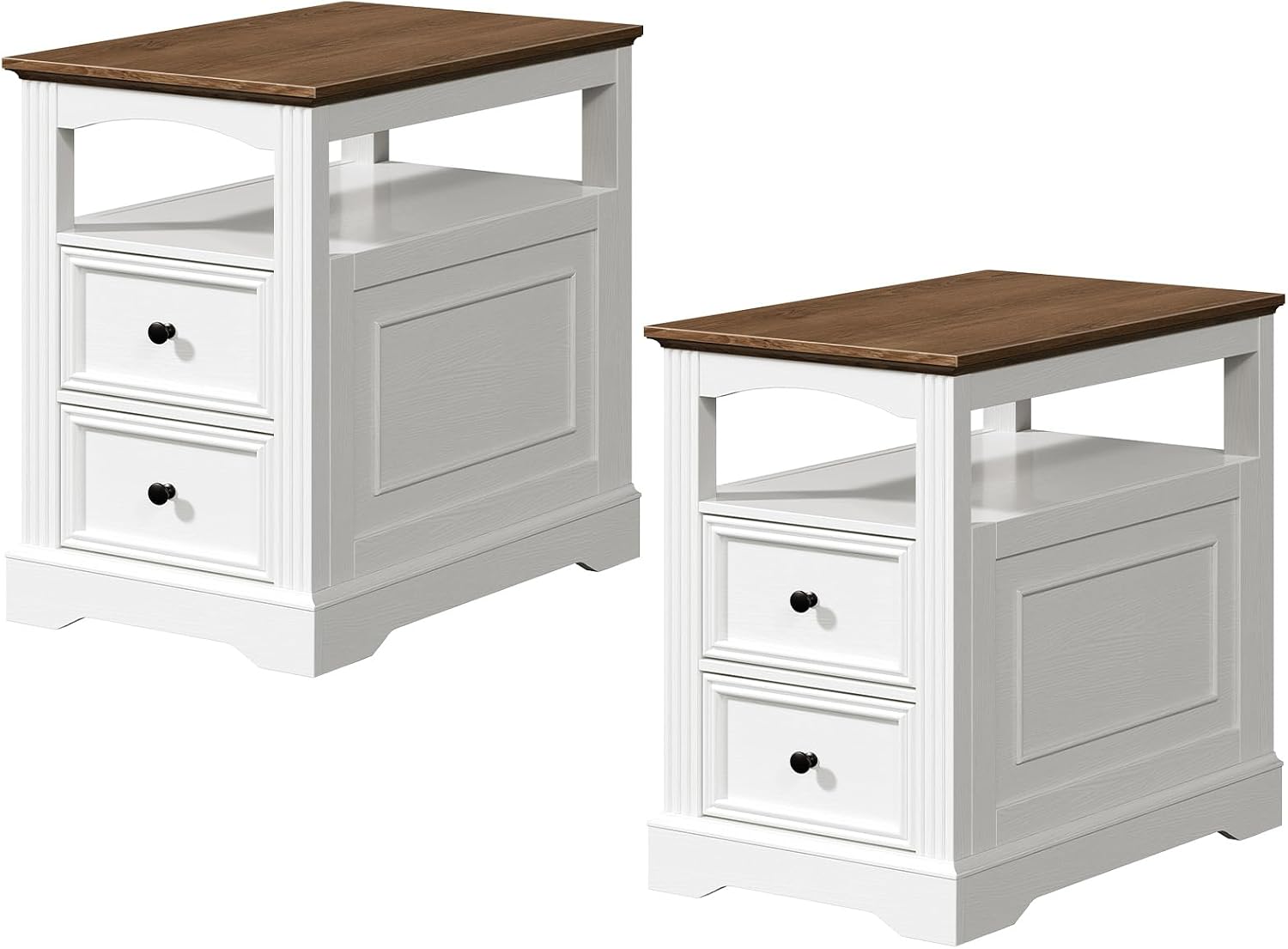 RALGEND Farmhouse End Table Set of 2, Narrow Sofa Side Table with 2 Drawers and Open Shelf, Wooden Nightstand with Storage for Small Spaces, Bedroom, Living Room, White and Walnut