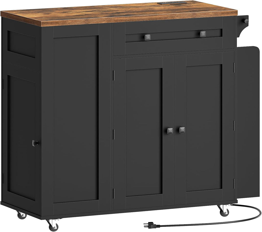 YATINEY Kitchen Island with Storage, Mobile Rolling Cart with Trash Can Storage, Kitchen Island on Wheels, Rolling Island Table with Charging Station, Spice Rack, for Kitchen, Rustic Brown ZD02UBR
