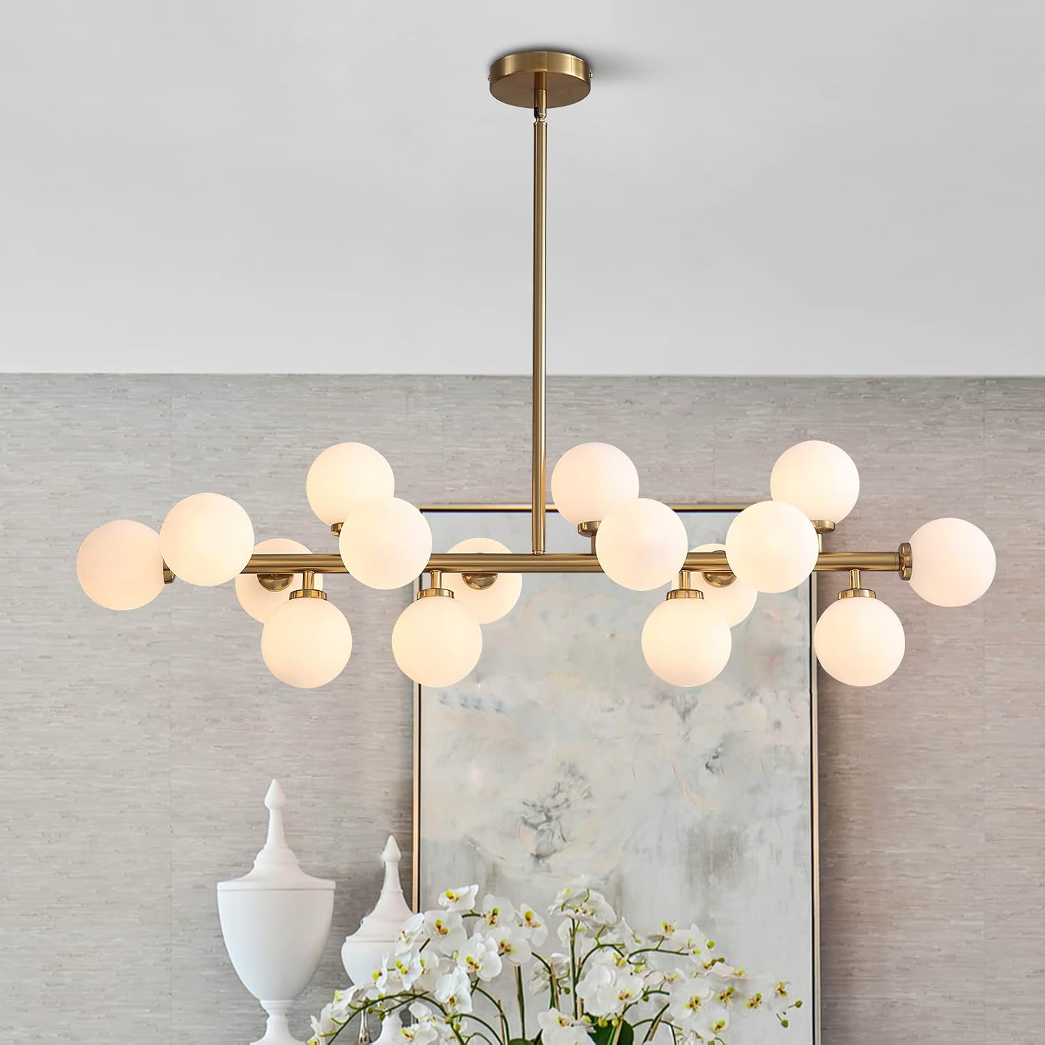 Gold Dining Room Chandelier Over Table Mid Century Modern Chandelier White Glass Globe Lampshade Linear Pendant Lighting Fixture for Living Room Dining Table 16 Lights