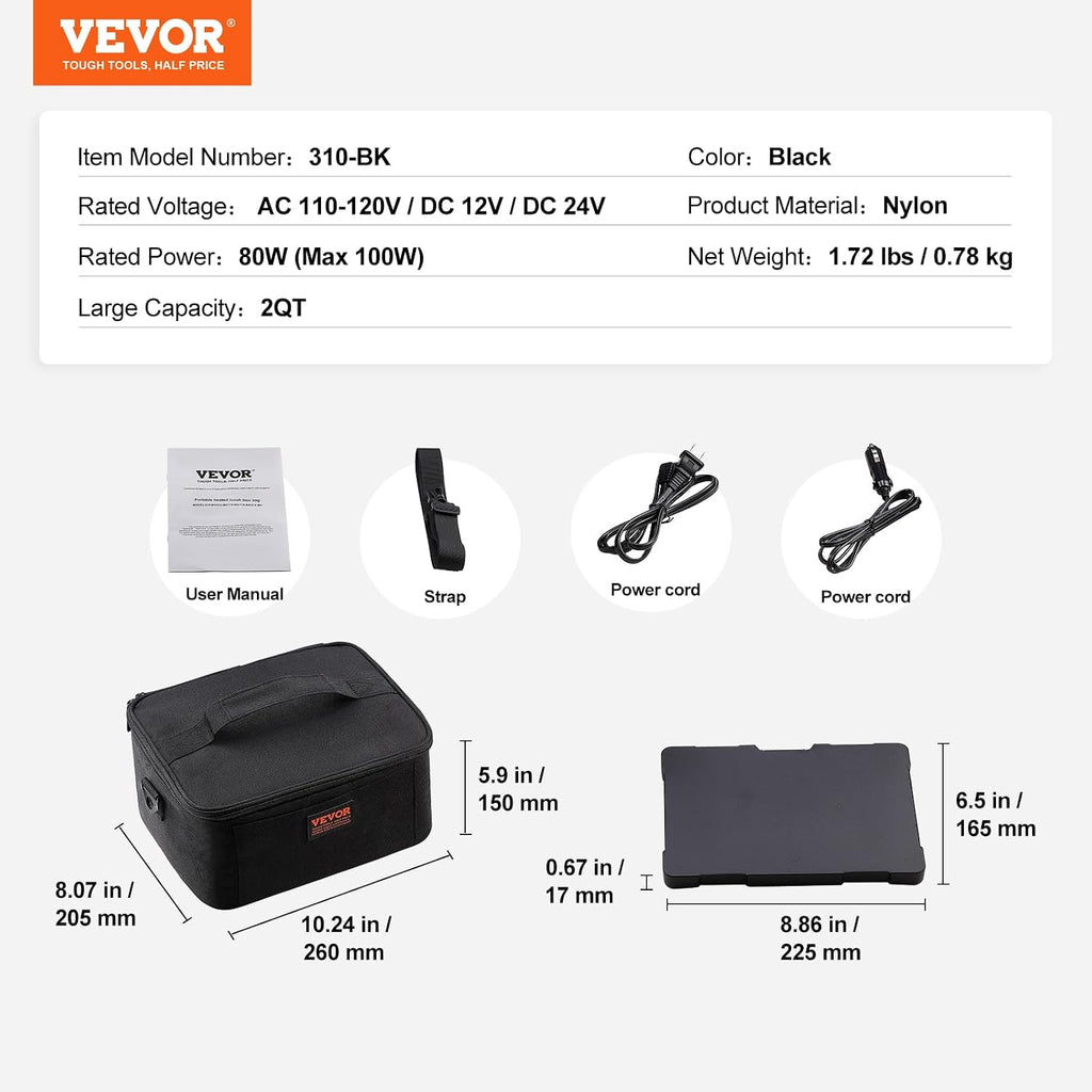 VEVOR 3-in-1 Portable Oven, 12V/24V/110-120V Portable Food Warmer, 80W (Max 100W) Portable Mini Personal Microwave, 2QT Electric Heated Lunch Box for Car, Truck, Travel, Office, Home (Black)
