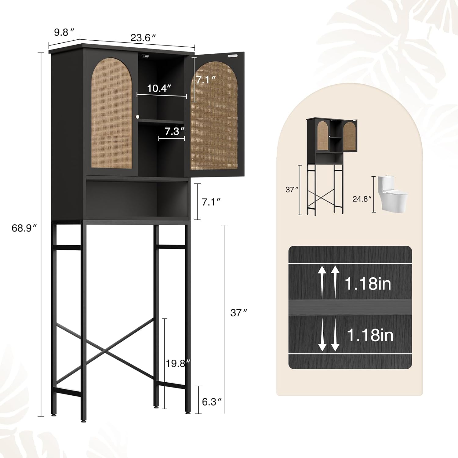 FiveWillowise Rattan Toilet Storage Cabinet, Over The Rack Wood Cabinet with Metal Stand, Bathroom Organizer with Adjustable Shelf, Tall Freestanding Washer Shelf, Small Cupboard, Black