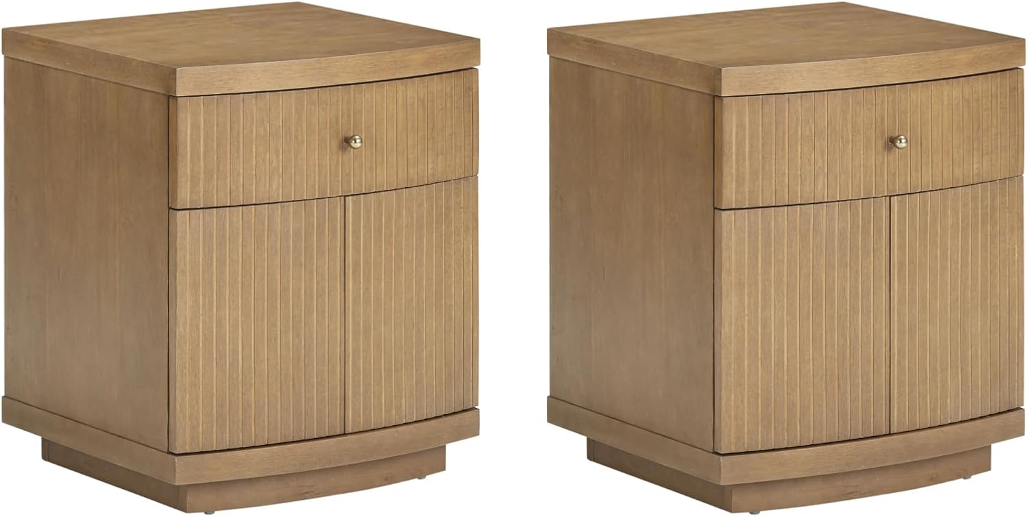Nathan James Tambellini Mid Century Modern Nightstand, Bedside Table with Drawer and Cabinet Storage, Solid Wood Legs and Fluted Door Fronts, Light Brown Set of 2