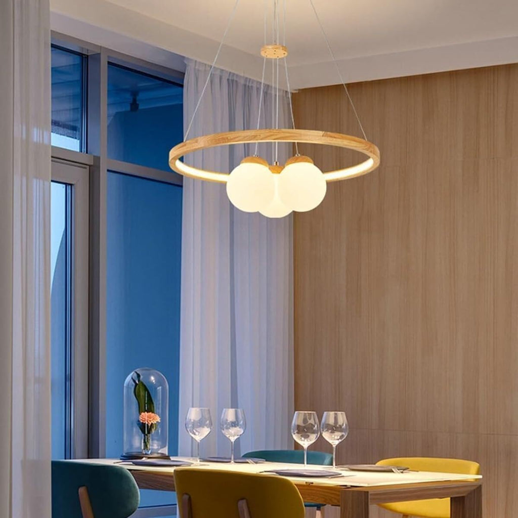 Ceiling Light Bedroom Wood Ring+3/6 Lights Adjustable LED Ceiling Hanging Lamp White Globe Shade Chandelier Hanging Light Kitchen Island Hotel Pendant Lamp Fixture for Living Room