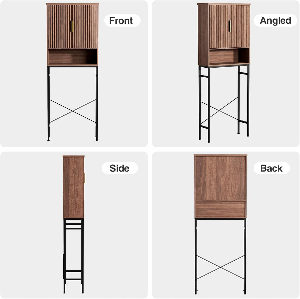 FiveWillowise Over The Toilet Storage Cabinet with Fluted Doors and Adjustable Shelf, Tall Bathroom Organizer with Metal Stand Space Saver Over Toilet, Wood Rack for Bathroom, Restroom, Laundry