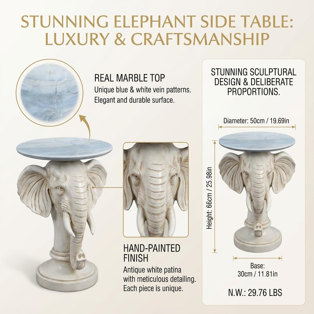 Modern Accent Table with Elephant Ornament Base, Minimalist Faux Marble End Table for Living Room Reception Area & Bedroom, 19.69 Inches Wide × 25.98 Inches High