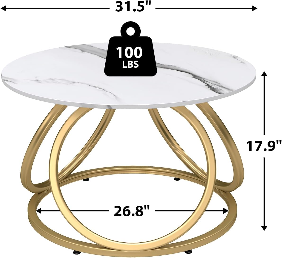 O&K FURNITURE Gold Round Coffee Table, Faux Marble Top with Veins, Modern Center Table with Gold Metal Frame, for Living Room, Home Office, 1 PC