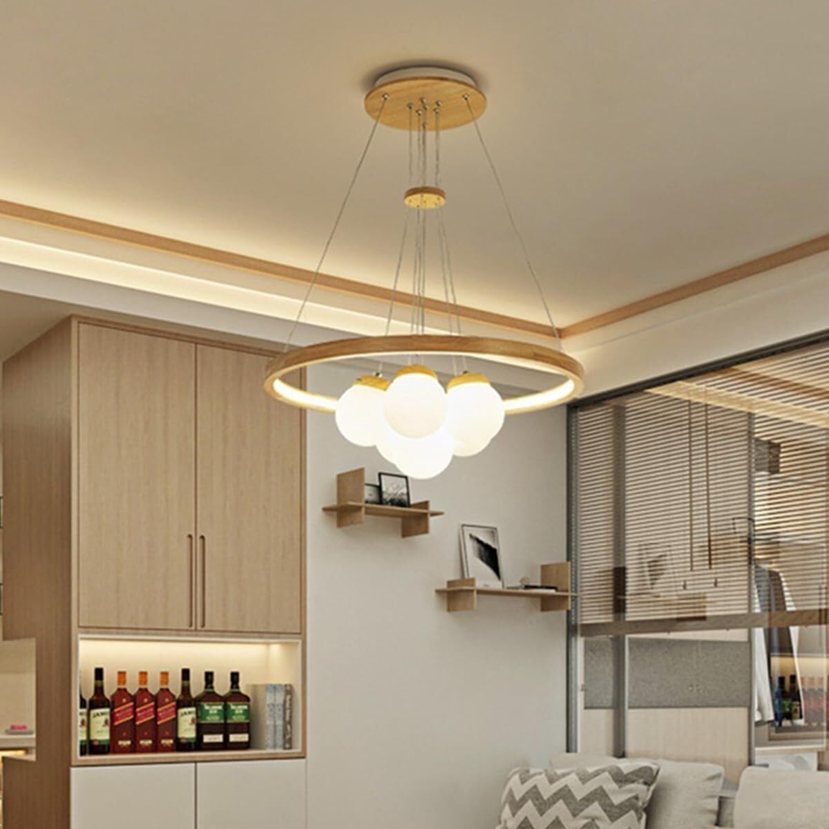 Ceiling Light Bedroom Wood Ring+3/6 Lights Adjustable LED Ceiling Hanging Lamp White Globe Shade Chandelier Hanging Light Kitchen Island Hotel Pendant Lamp Fixture for Living Room