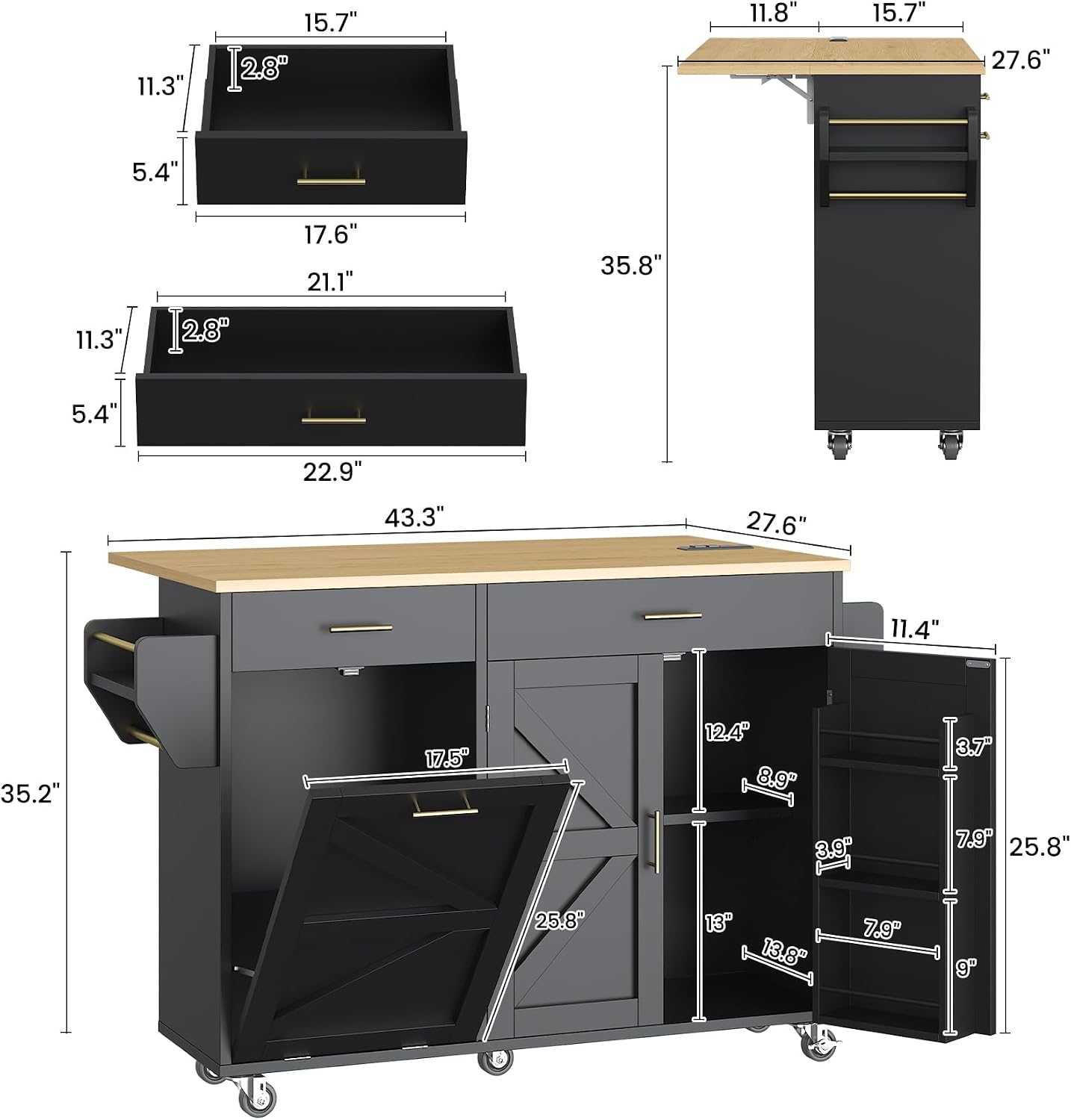 VVFLU 51.8' Kitchen Island Cart with Trash Can Storage, Kitchen Island on Wheels with Power Outlet & Drop Leaf, Rolling Kitchen Cart with Towel Rack & Spice Rack, Mobile Islands Table for Kitchen