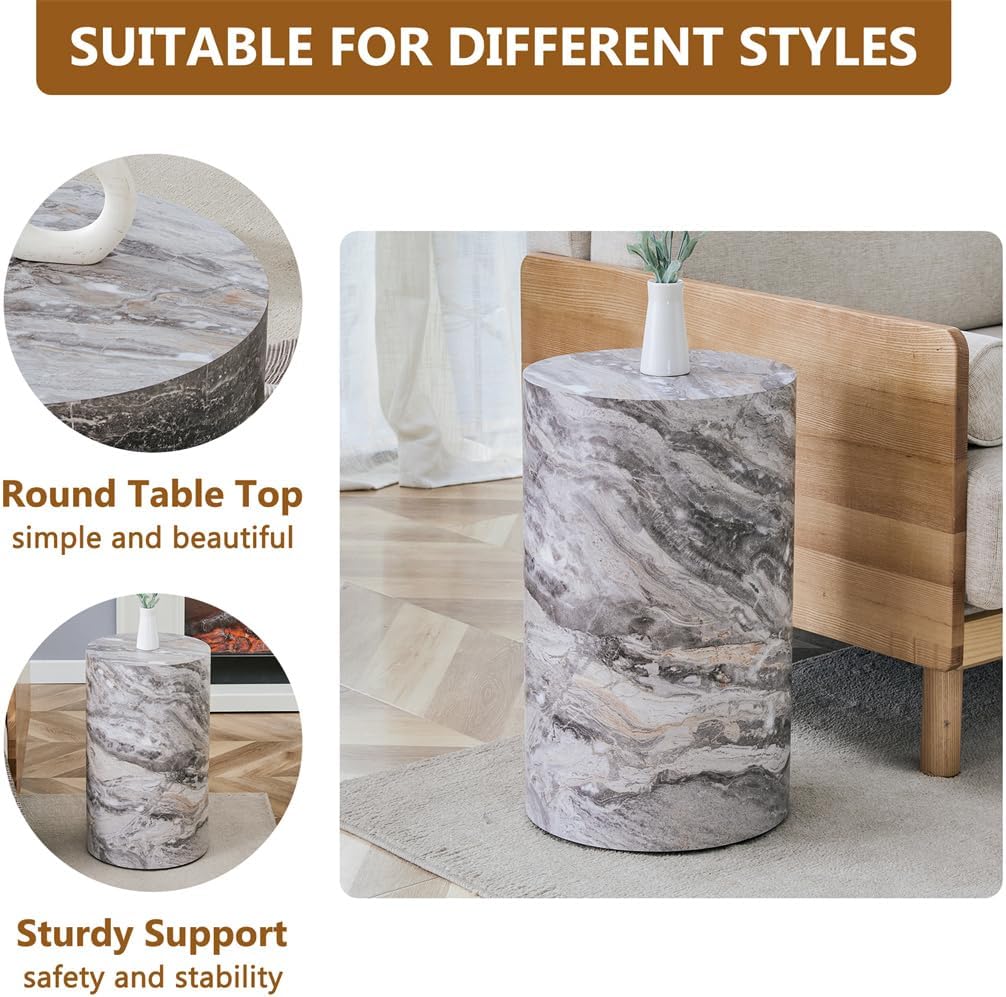 Round End Table Living Room Table, Faux Marble Sofa Couch Side Table, Bedside Nightstand for Small Spaces, Bedroom