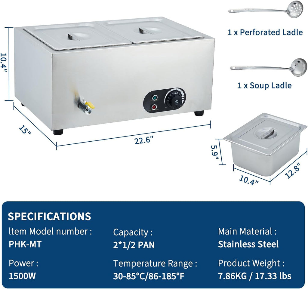 Commercial Food Warmer Stainless Steel 1500W Electric Buffet Server Bain Marie, 2-Pan Catering Hot Food Station for Restaurants, Hotels, Banquets