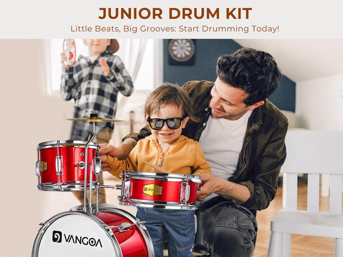 Kids Drum Set Vangoa 3-Piece Beginner, 14' Junior Drums Kit w/Bass Tom Snare drum, Adjustable Throne Cymbal Pedal & Drumsticks, Complete Starter Drumset Full Bundle for Children Boys Ages 3-12