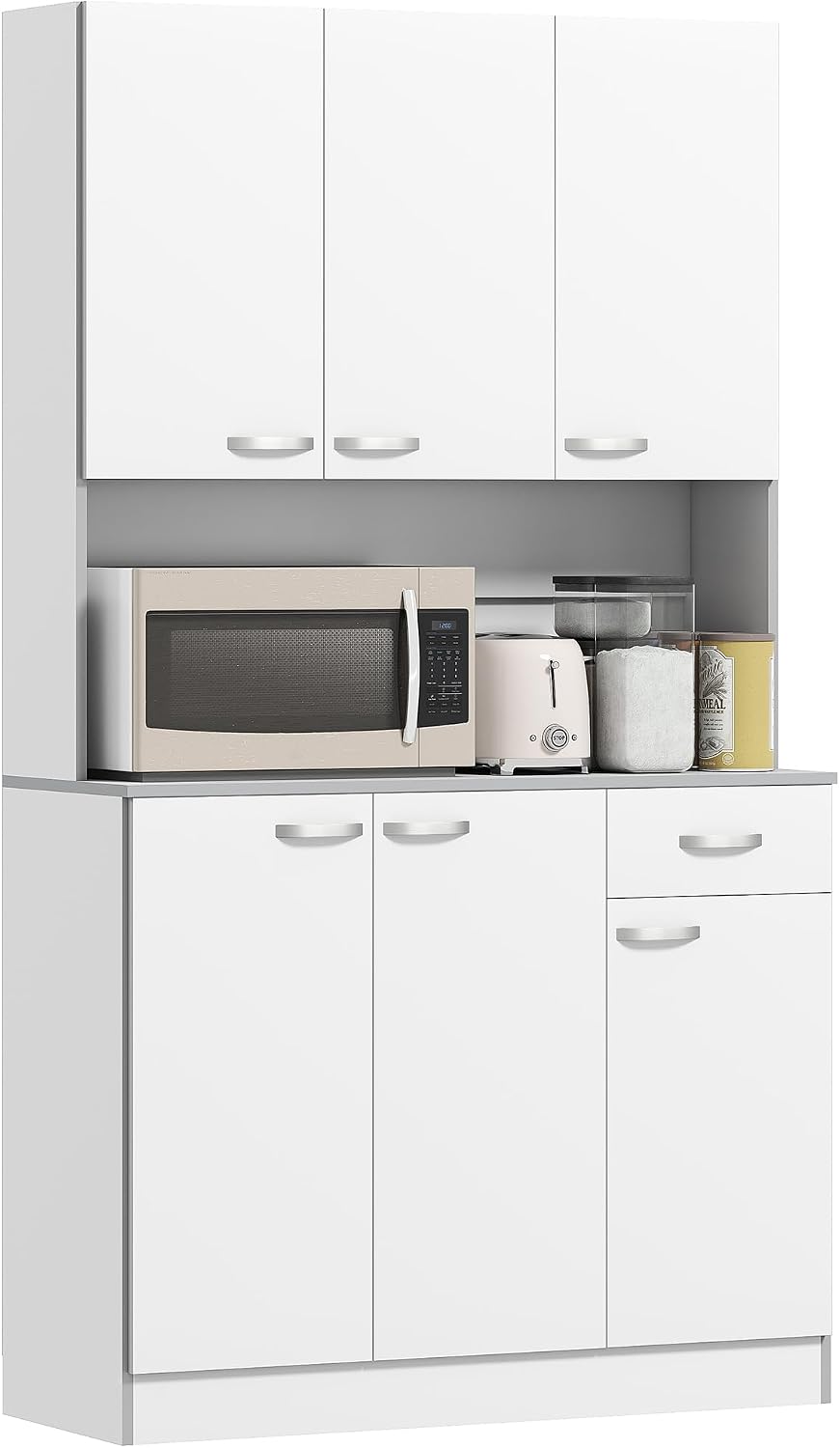 HOMCOM 71' Kitchen Pantry Cabinet with Microwave Stand, White | Tall Storage Cabinet, Buffet with Hutch, 6 Doors, Storage Drawer, 3 Adjustable Shelves