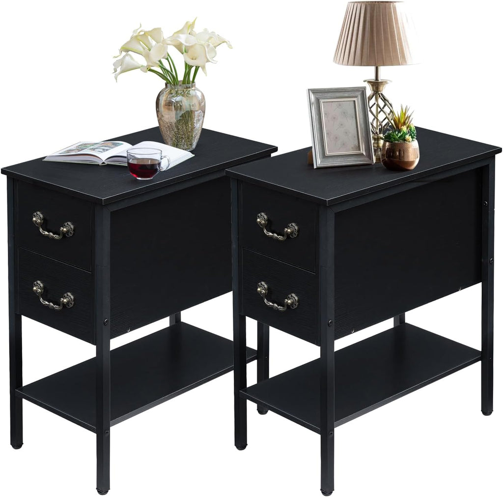 VECELO End Tables,Narrow Nightstand with Drawers and Storage Shelf,Modern Night Stand for Small Spaces, Living Room,Bedroom，Black
