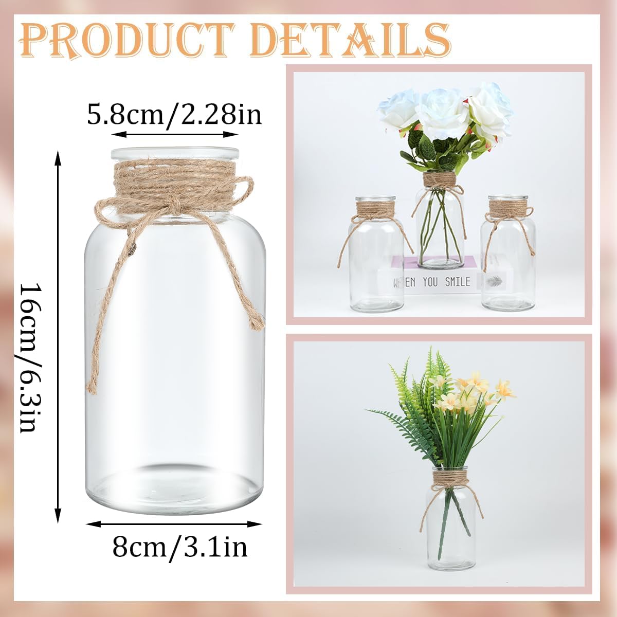Vintage Glass Flower Vase, Farmhouse Glass Centerpiece Vases Mason Jars for Weddings, Parties & Home Decor Bulk (48, Transparent)