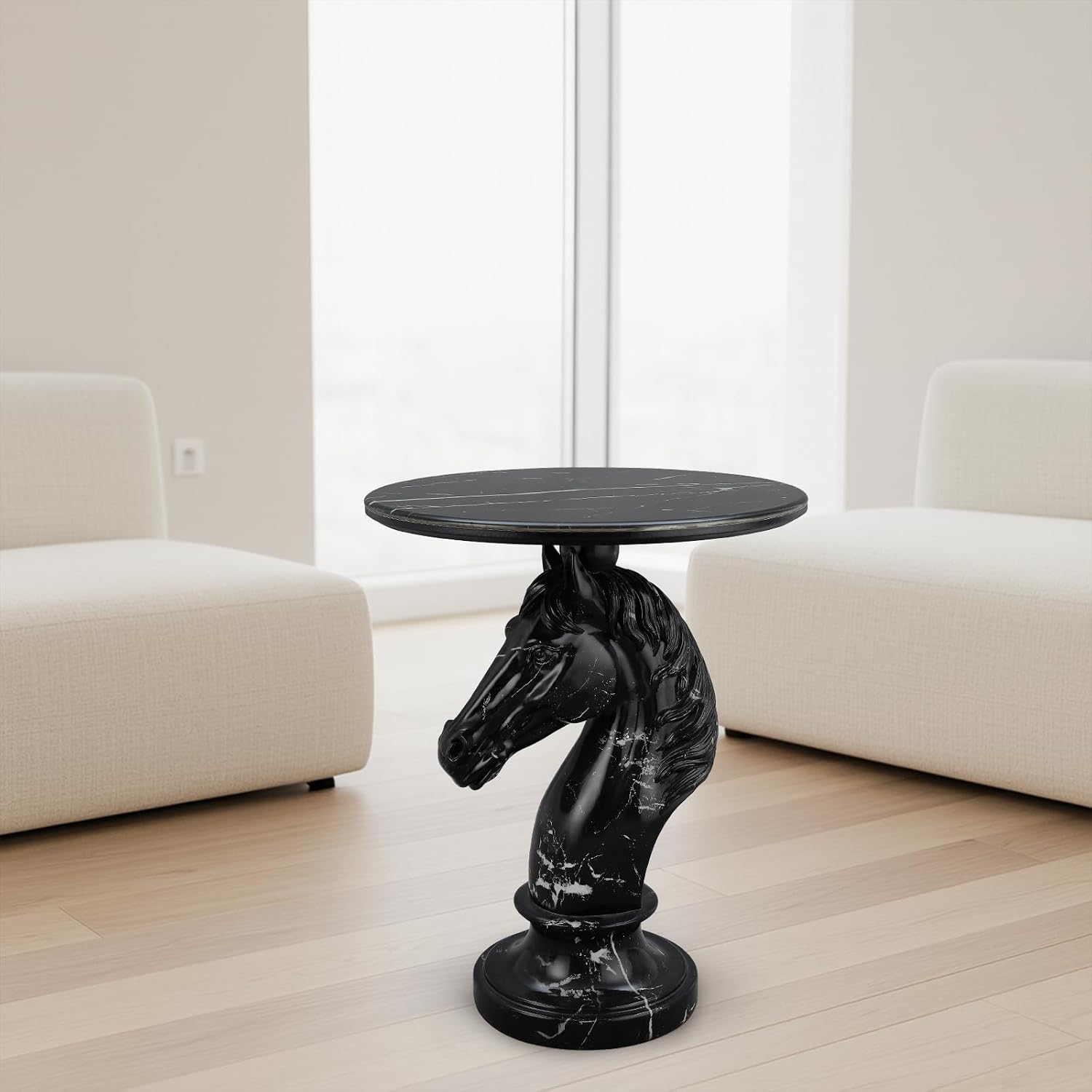 Modern Accent Table Living Room Horse Statue Black Stripe Contemporary‌ Faux Marble Night Stand Side Table with Horse Head Base Reception Area & Bedroom（Width 19.69' ——Tall 24.8'）