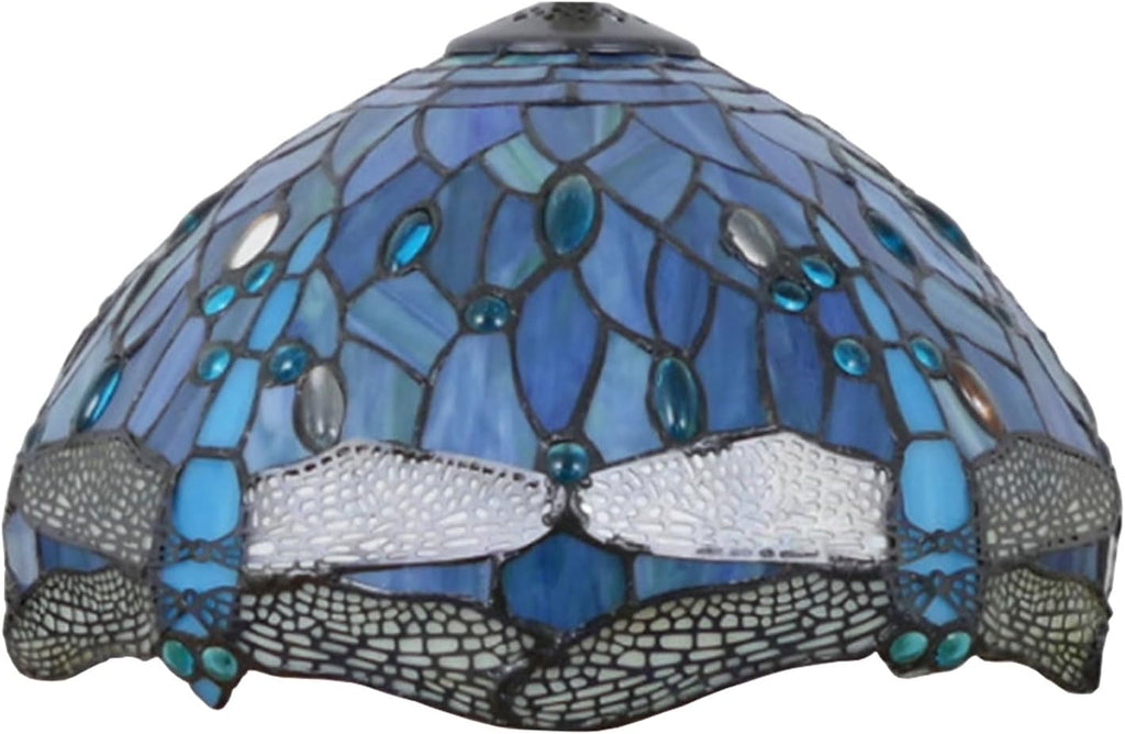 12 Inch Dragonfly Stained Glass Lamp Shade, Tiffany Style Lampshades Replacement, Handmade Vintage Lamp Cover Accessories Only for Table lamp Pendant Light Ceiling Fixture,Blue