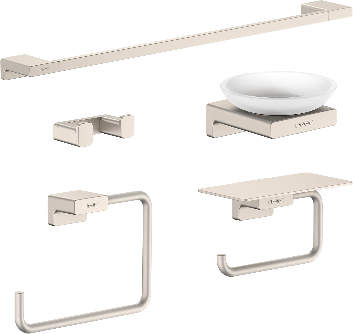 hansgrohe AddStoris Accessory Kit with Double Hook, Towel Bar, Toilet Paper Holder w/Shelf, Towel Ring, and Soap Dish in Brushed Nickel