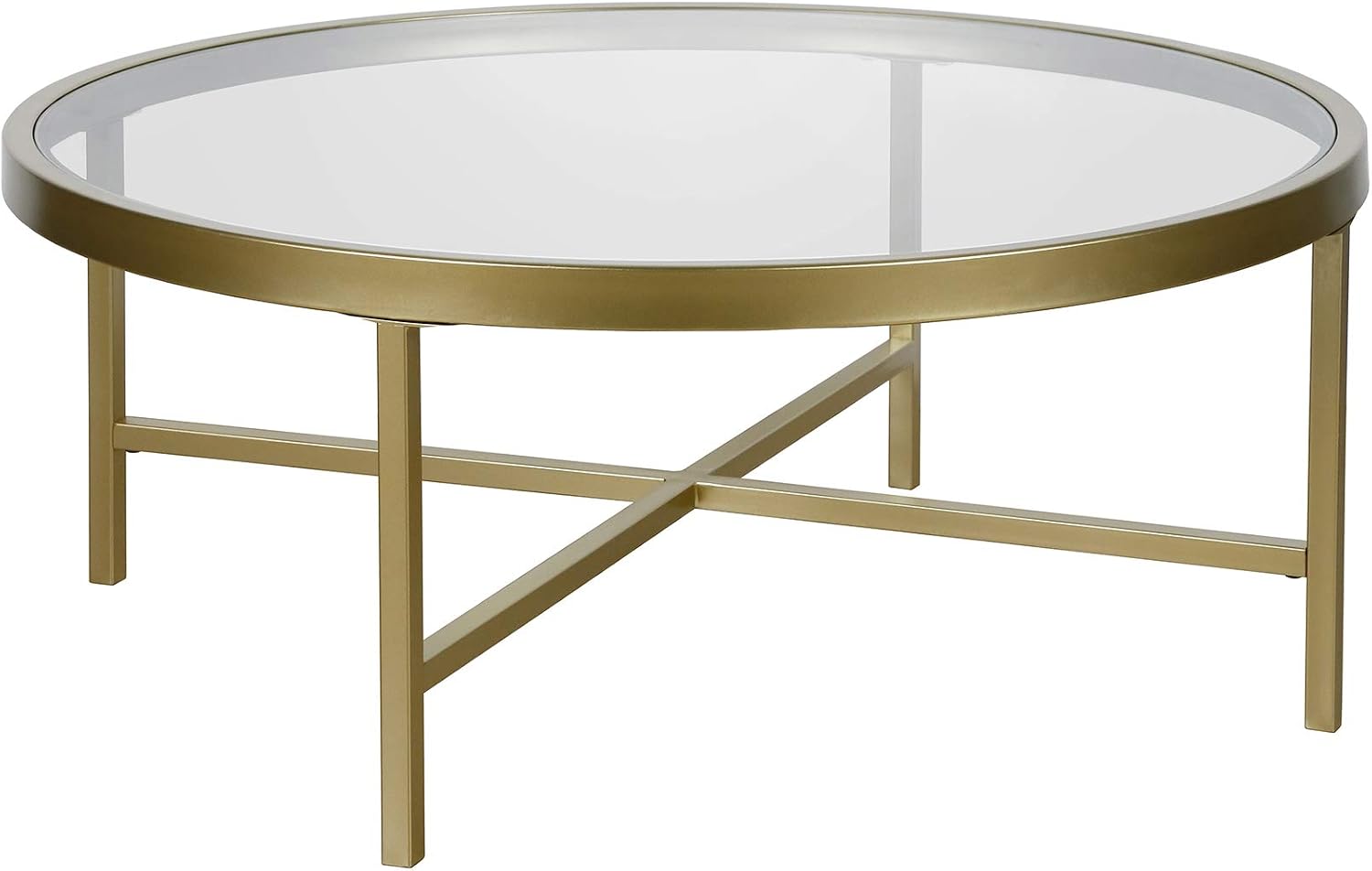 Henn&Hart 36' Wide Round Coffee Table with Glass Top in Brass, Modern coffee tables for living room, studio apartment essentials