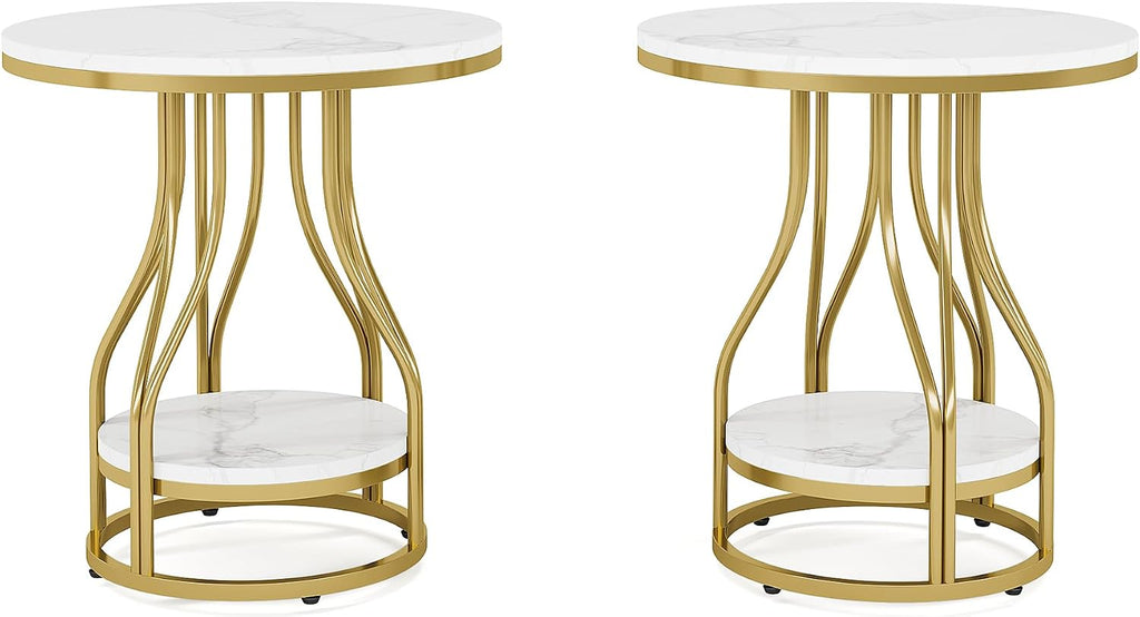 Tribesigns Round Side End Table 2-Tier End Tables Modern Bedside Table Small Chairside Tables with Storage for Couch Side, Nightstand with Metal Frame for Living Room (2 pcs, White+Gold)