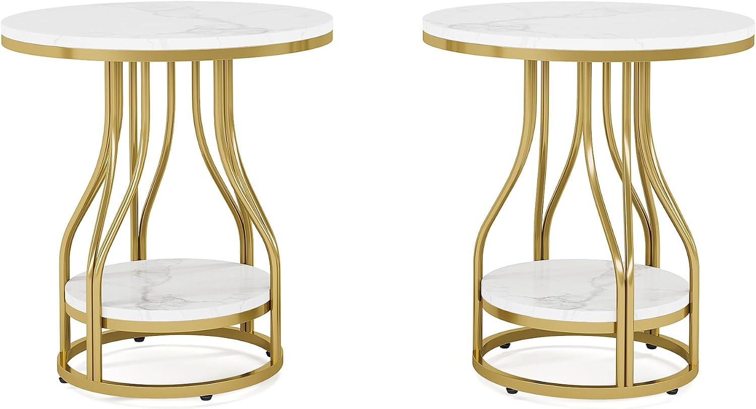 Tribesigns Round Side End Table 2-Tier End Tables Modern Bedside Table Small Chairside Tables with Storage for Couch Side, Nightstand with Metal Frame for Living Room (2 pcs, White+Gold)