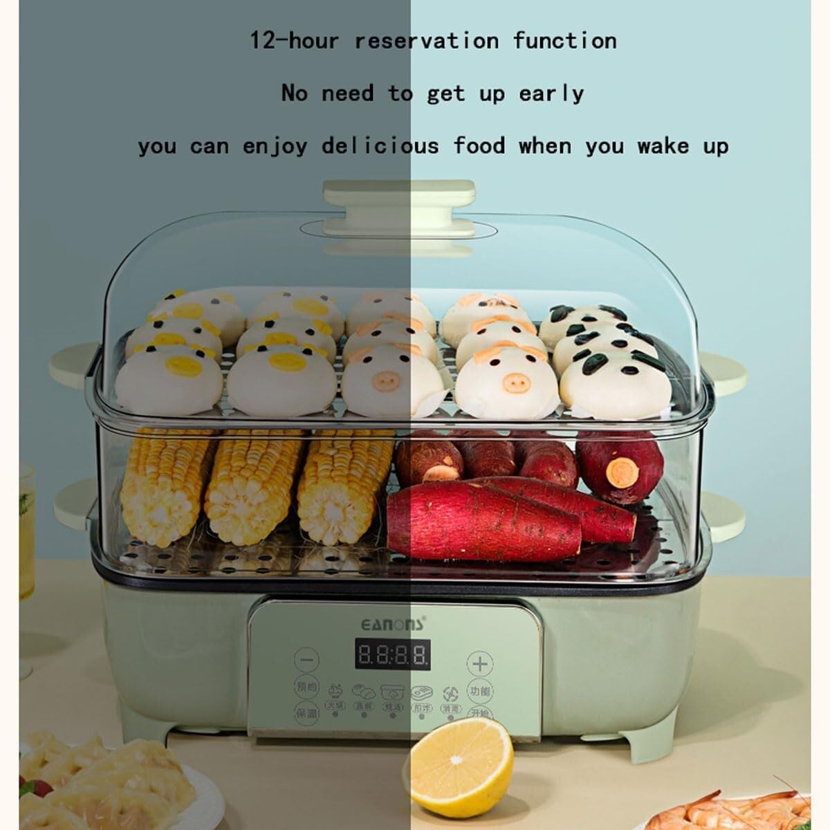 26L Food Steamer with 2-Tier Touch Display, 12-Hour Timer, 6 Cooking Modes, Removable Pot - Ideal for Meat, Dumplings, Vegetables - Healthy Meal Prep