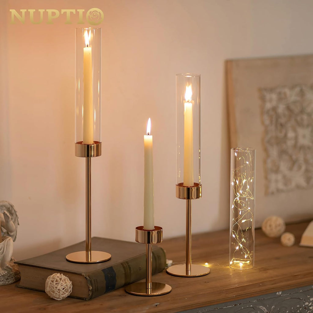 NUPTIO Candle Stick Holder for Wedding: 18 Pcs Tall Hurricane Gold Candles Holder with Clear Glass Chimney Cover - Tapered Candlestick Decor Bulk for Party Centerpiece