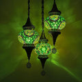 Turkish Mosaic 3 Globes Chandelier, Bohemian Moroccan Bronze Plating Red White Blue Green Shade Ceiling Hanging Lamp Kitchen Light for Bedroom, Cafe, Living Room, Entry,Green