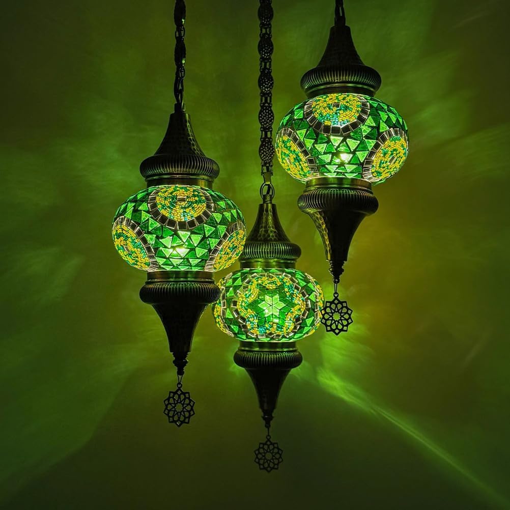 Turkish Mosaic 3 Globes Chandelier, Bohemian Moroccan Bronze Plating Red White Blue Green Shade Ceiling Hanging Lamp Kitchen Light for Bedroom, Cafe, Living Room, Entry,Green