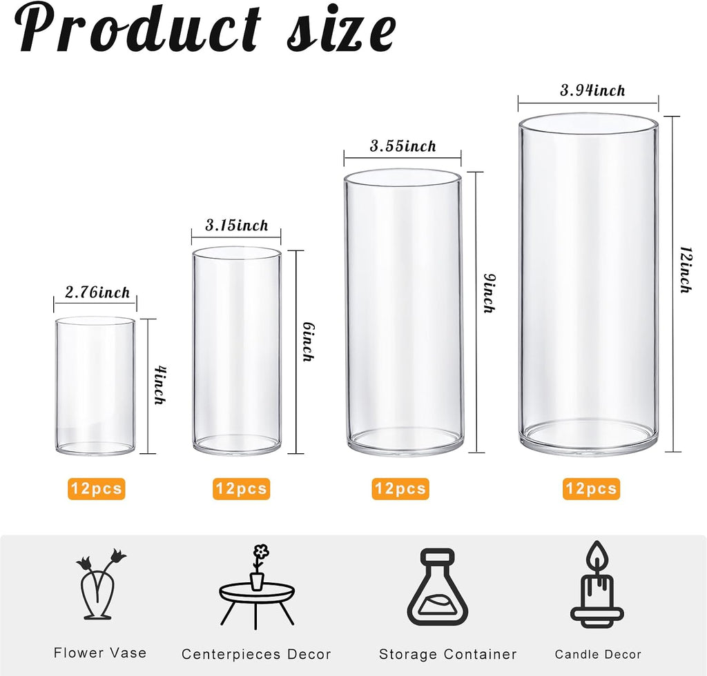 64 Pack Thick Glass Cylinder Vases 4,6,9,12 Inch Tall Clear Flower Vase Hurricane Floating Candle Holder for Table Centerpiece Wedding Home Decor