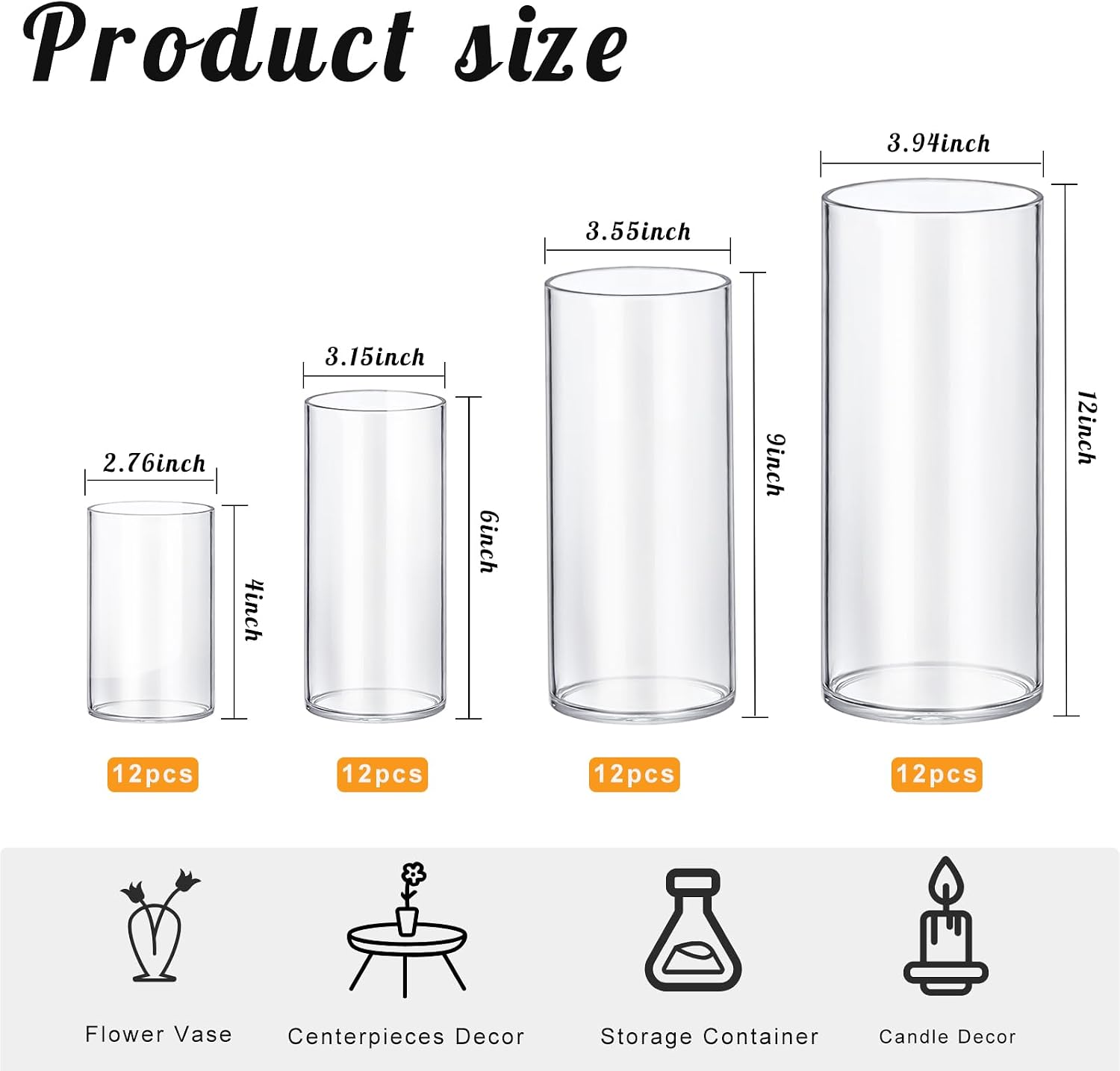 64 Pack Thick Glass Cylinder Vases 4,6,9,12 Inch Tall Clear Flower Vase Hurricane Floating Candle Holder for Table Centerpiece Wedding Home Decor
