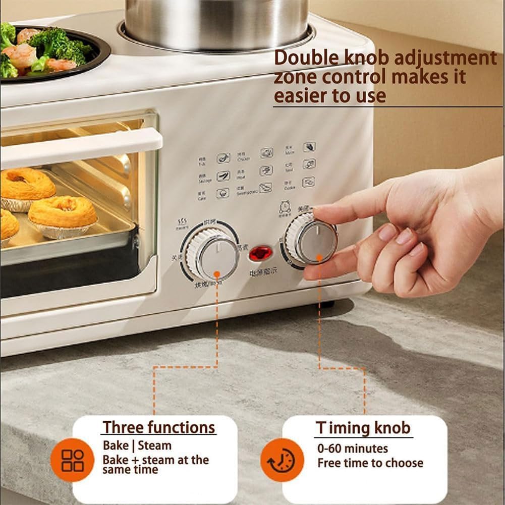 Electric Breakfast Machine,4-in-1 Breakfast Maker Station with 8L Oven, Frying Pan and Steamer, 0-60Min Timer Knob, S-Type Double Heating Tube, 1200W Breakfast Egg Sandwich Maker for Home