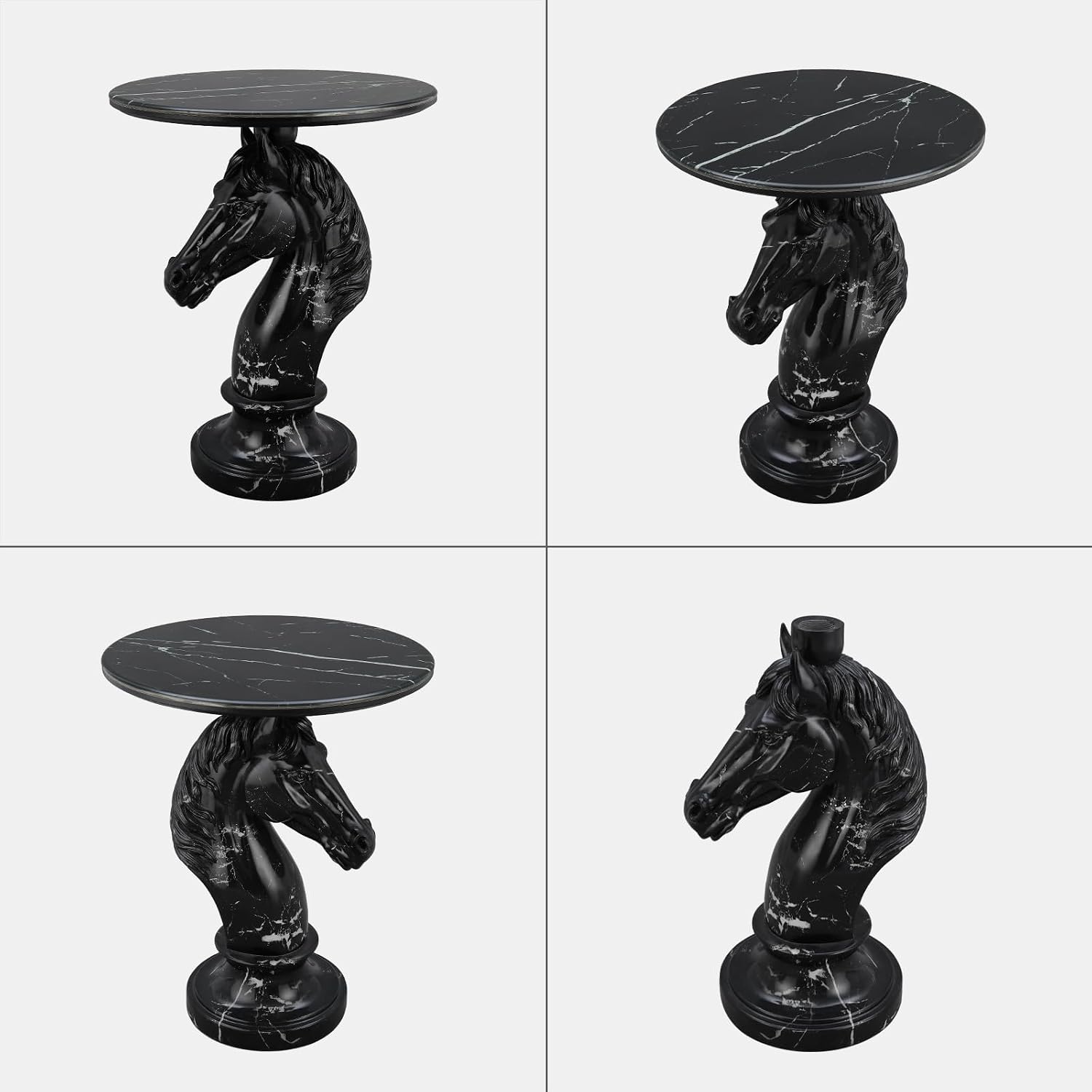 Modern Accent Table Living Room Horse Statue Black Stripe Contemporary‌ Faux Marble Night Stand Side Table with Horse Head Base Reception Area & Bedroom（Width 19.69' ——Tall 24.8'）