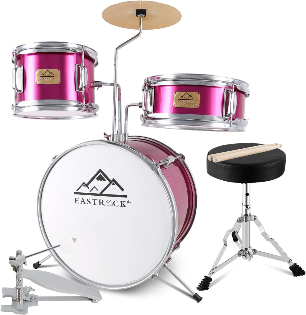 EASTROCK Junior Drum Set, 3 Piece 14'' Junior Drum sets for Drummer,Beginner, Drum Set for 5-7 Years Old with Adjustable Throne,Cymbal,Pedal,Drumsticks (Rose Powder)