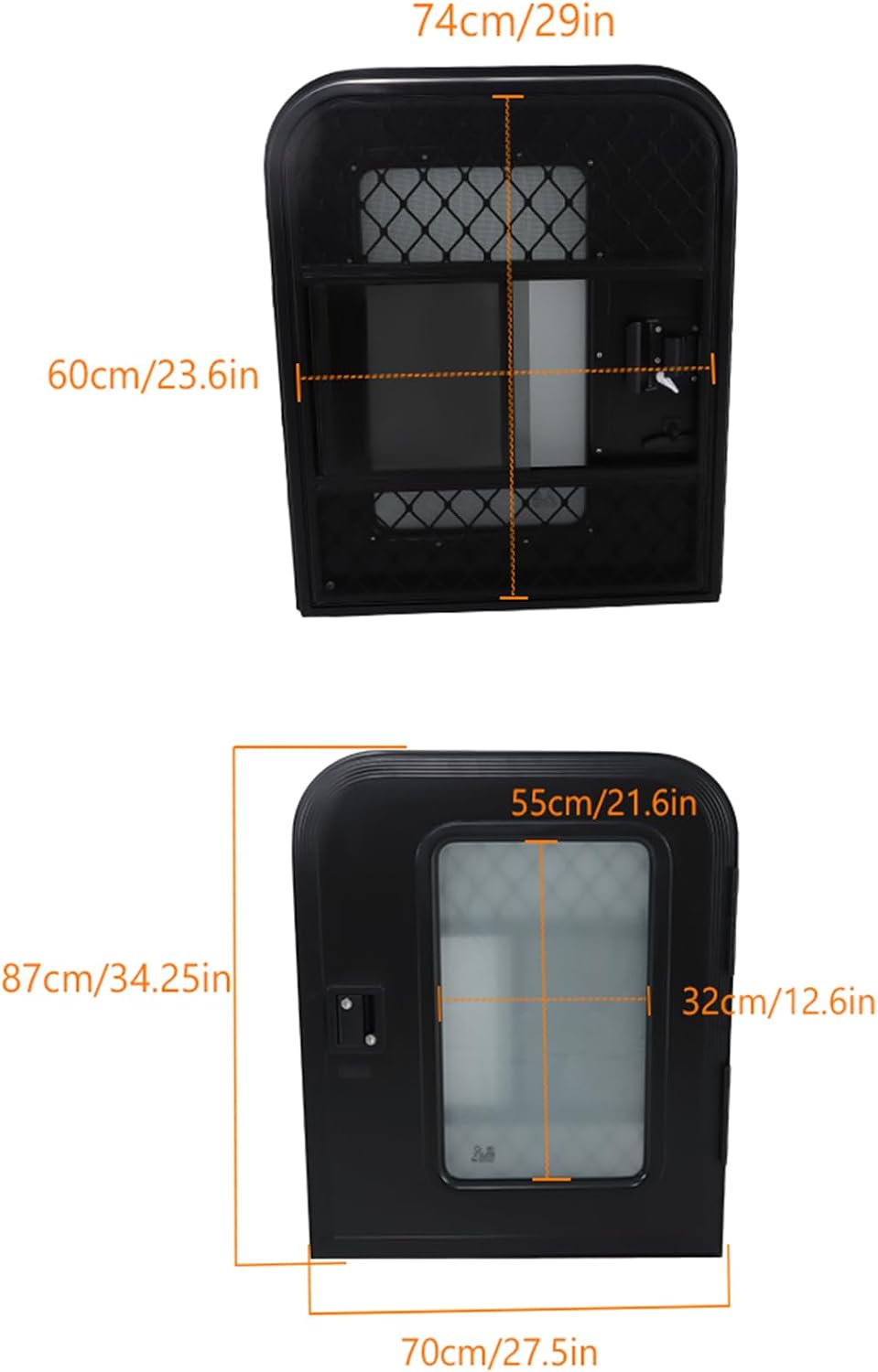 labwork Passenger RV Entry Door with Radius Corners on Top and Square Bottom with Screen Door and Window 26(W) × 32(H) Black
