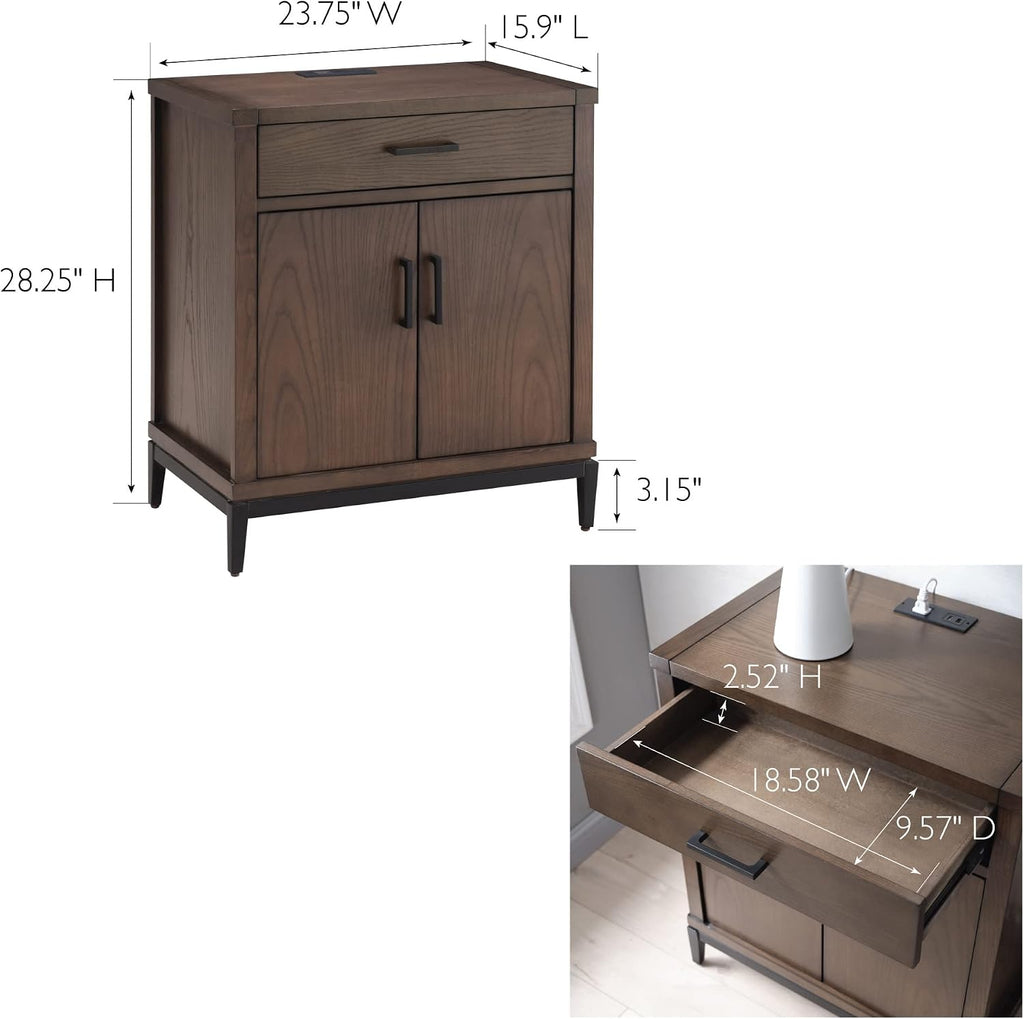 Leick Home Julien Nightstand Side Table One Drawer and Lower Cabinet Traditional – Fast Charging Station – Durable Solid Wood – Living Room, Bedroom, Office, Coffee Bean with Matte Black, 9079-GRMB