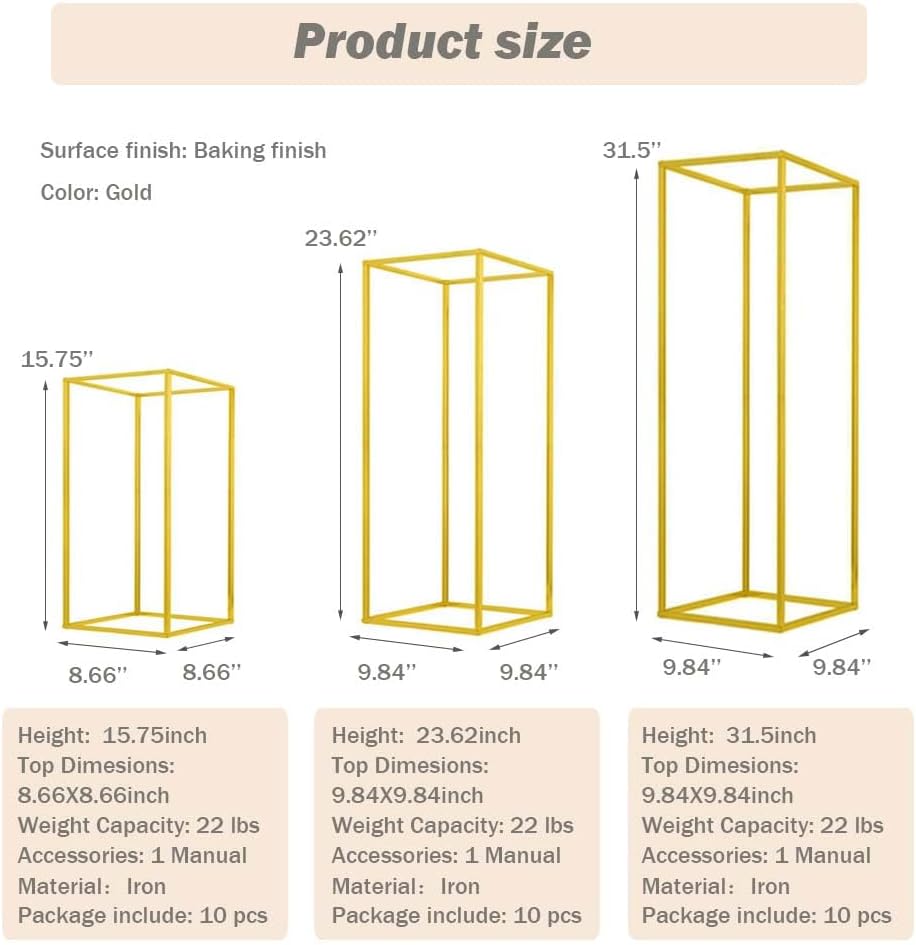 31.5inch 10pcs Gold Wedding Cenerpiece Flower vase, Metal Column Flower Stand, Tall Geometric Centerpieces Vase for Table, Party Wedding Decorations Flower Rack