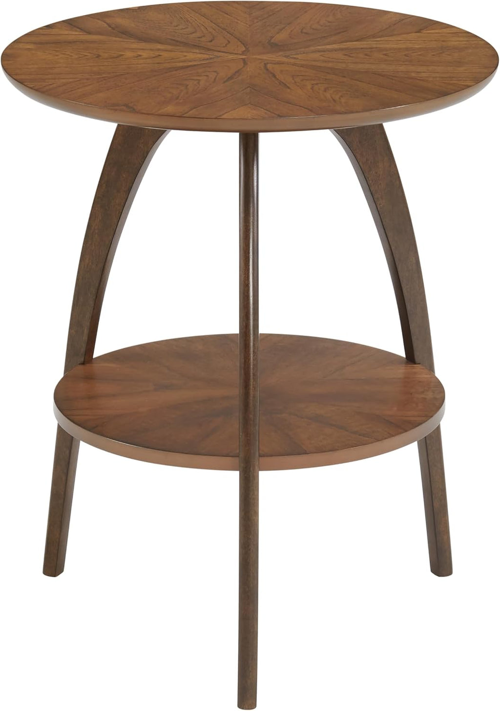 Retro Mid-Century Modern Round Wood End Table, Solid Grain Side Table with Lower Shelf, Small Accent Table for Living Room or Nightstand. Nutmeg Brown Top with Espresso Brown Legs