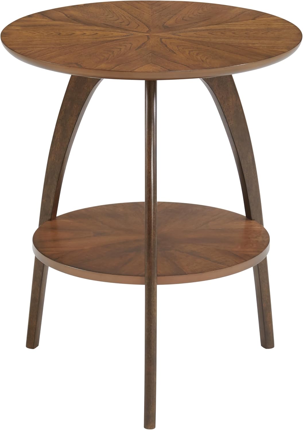 Retro Mid-Century Modern Round Wood End Table, Solid Grain Side Table with Lower Shelf, Small Accent Table for Living Room or Nightstand. Nutmeg Brown Top with Espresso Brown Legs