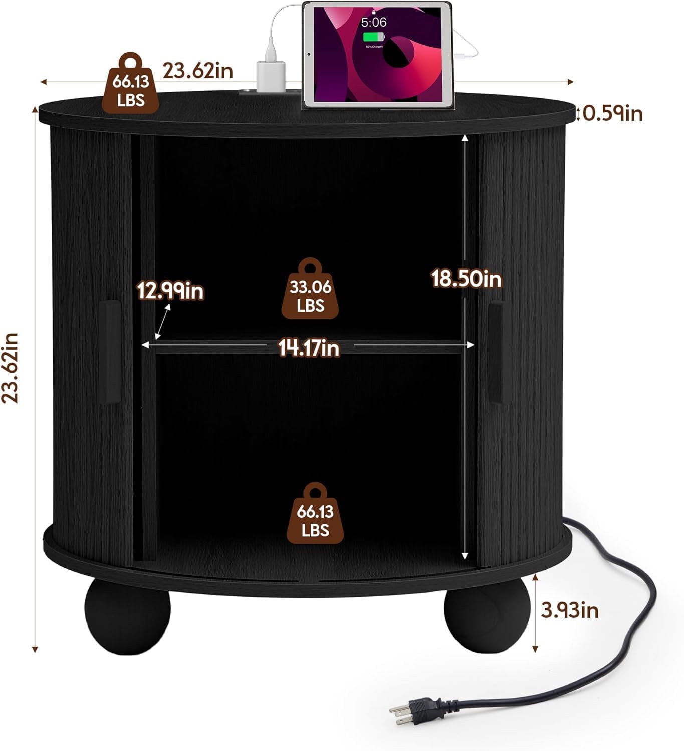 24' Large Fluted Round End Table with Charging Station, Farmhouse Cricle Sofa Side Table with Sliding Door and Storage, Rustic Curved Wood Nightstand for Living Room, Bedroom, Natural