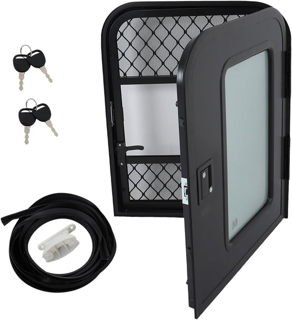 labwork Passenger RV Entry Door with Radius Corners on Top and Square Bottom with Screen Door and Window 26(W) × 32(H) Black