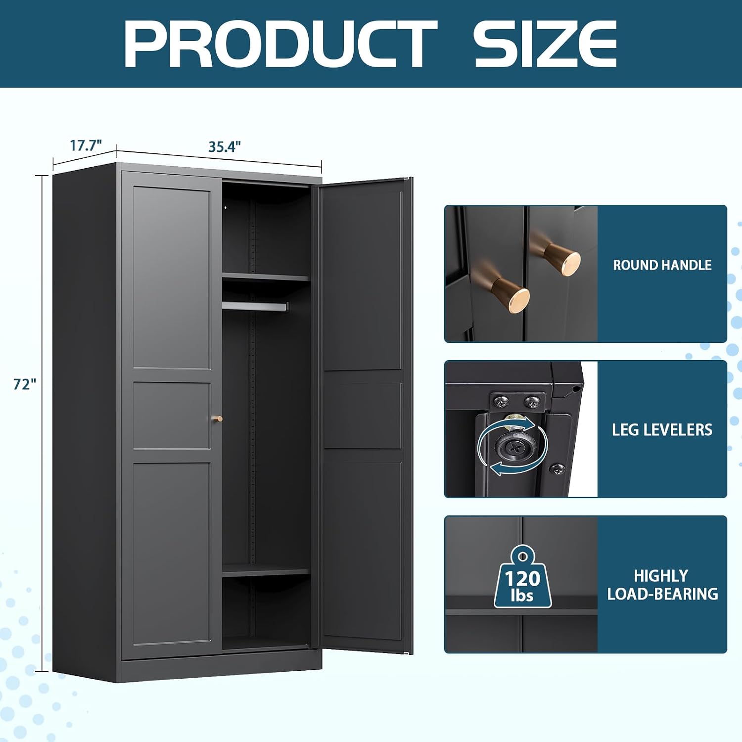 MIIIKO Wardrobe Closet with 2 Doors, 72' Metal Wardrobe Cabinet with Hanging Rod, Bedroom Armoires Laundry Room and Office Clothes Storage Organizer Cabinets Black