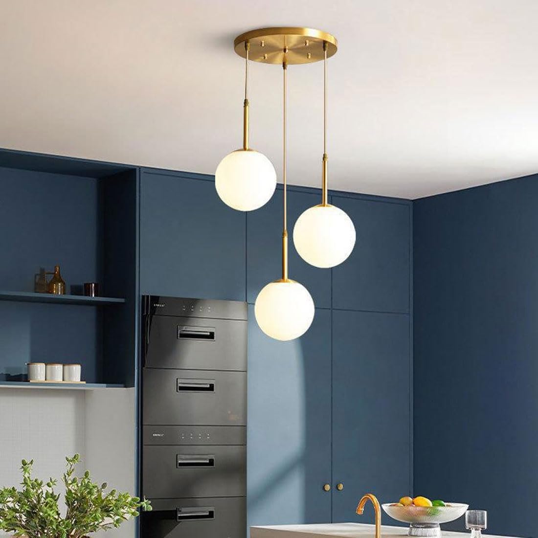 Pendant Lights for Living Room 3 Light Globe Modern Fixtures Farmhouse Pendant Lights for Kitchen Island Brushed Brass Finish Adjustable Hanging Chandelier Light Fixture for Bedroo