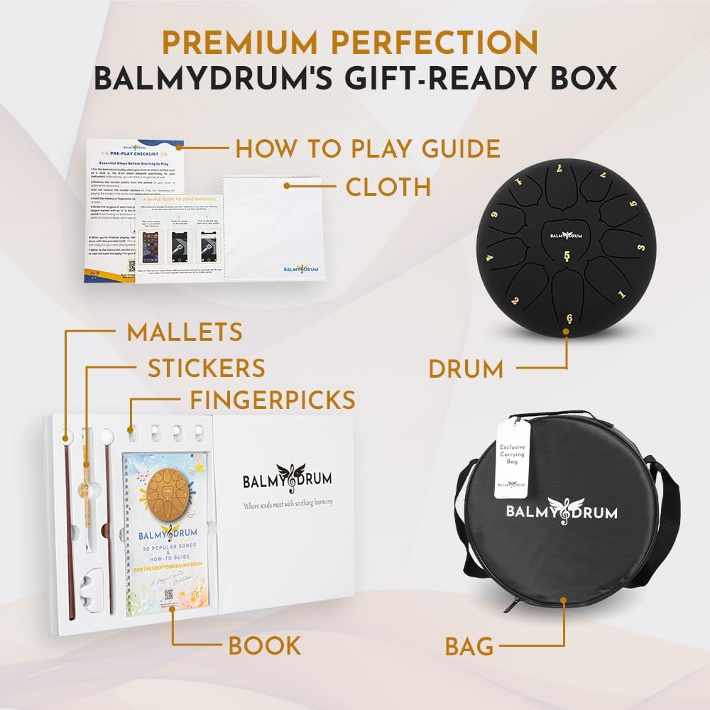 Balmy Drum Steel Tongue Drum 10 inch 11 Notes 440Hz, Handpan Drum with Music Book, Mallets, Carry Bag, Finger Picks, Rain Drum for Outdoor, Meditation Yoga Calming Instruments for Adults Kids (Black)