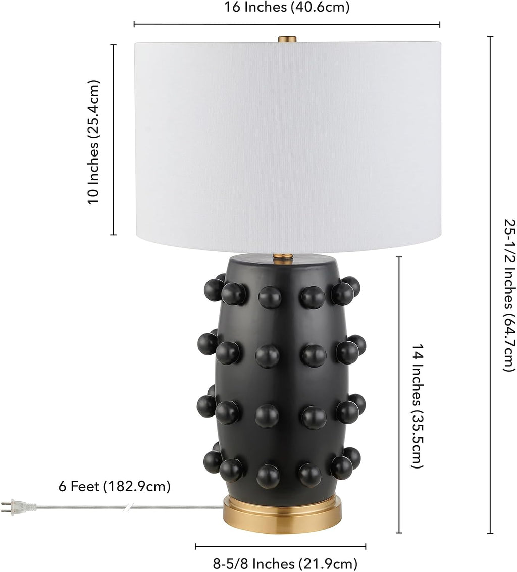 Henn&Hart 25.5'' Modern 1-Light Ceramic Table Lamp with Spherical Orbs on Lamp Body with White Fabric Drum Shade for Living Room, Bedroom, or Office, Matte Black