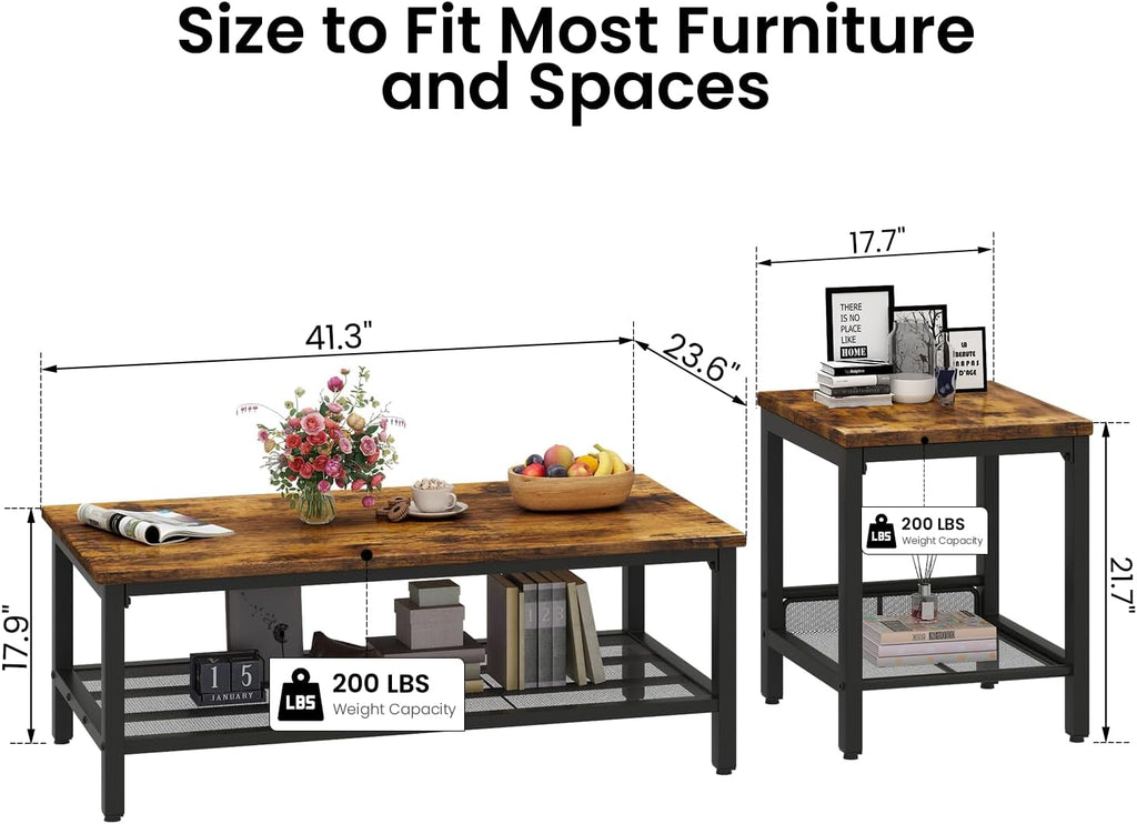 DKLGG Coffee Table Set of 3, Vintage Wood Coffee Table & 2 End Tables, Square Tabletop Modern Industrial Living Room 3-Piece Set for Apartment Home Office, Rustic Brown