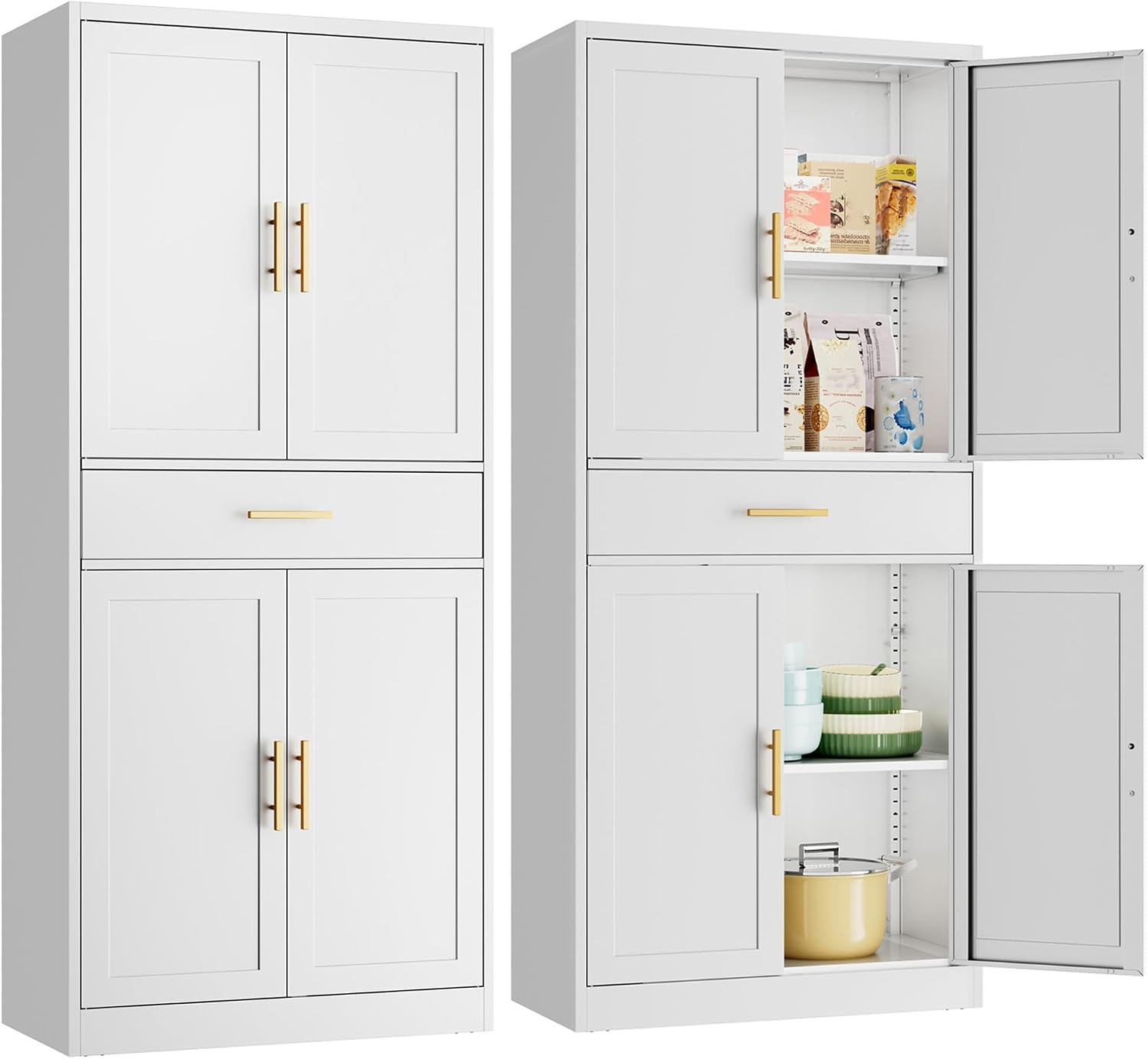 Metal Kitchen Pantry Cabinet, 71'Tall Cabinet with 1 Drawer, Doors and 2 Adjustable Shelves, Pantry Cabinets for Kitchen Storage, Metal Storage Cabinet for Kitchen, Dining Room, Living Room- White